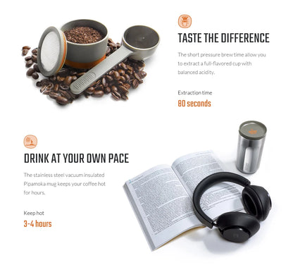 Pipamoka – All-in-One Portable Coffee Maker | Vacuum Pressure Brewer with Insulated Travel Mug